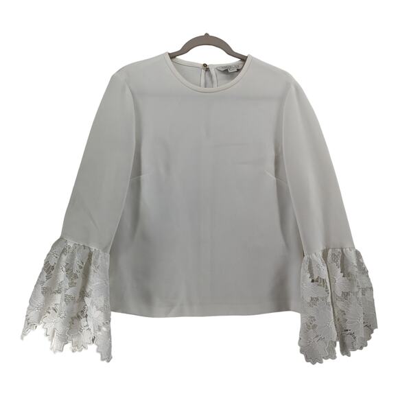 Rachel Zoe Lace Blouse 8 White Crew Neck‎ Bell Sleeves Keyhole Staple Work Party - Picture 1 of 6